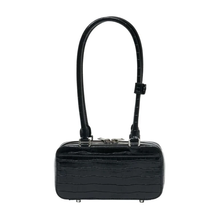 Crocodile-Embossed Leather Shoulder Bag â Black