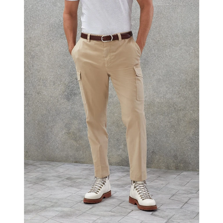 Beige Cotton Tapered Trousers