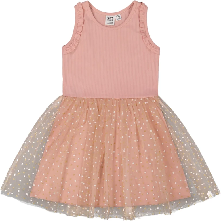Bi-Material Dress with Printed Dots on Mesh Skirt - Big Girl