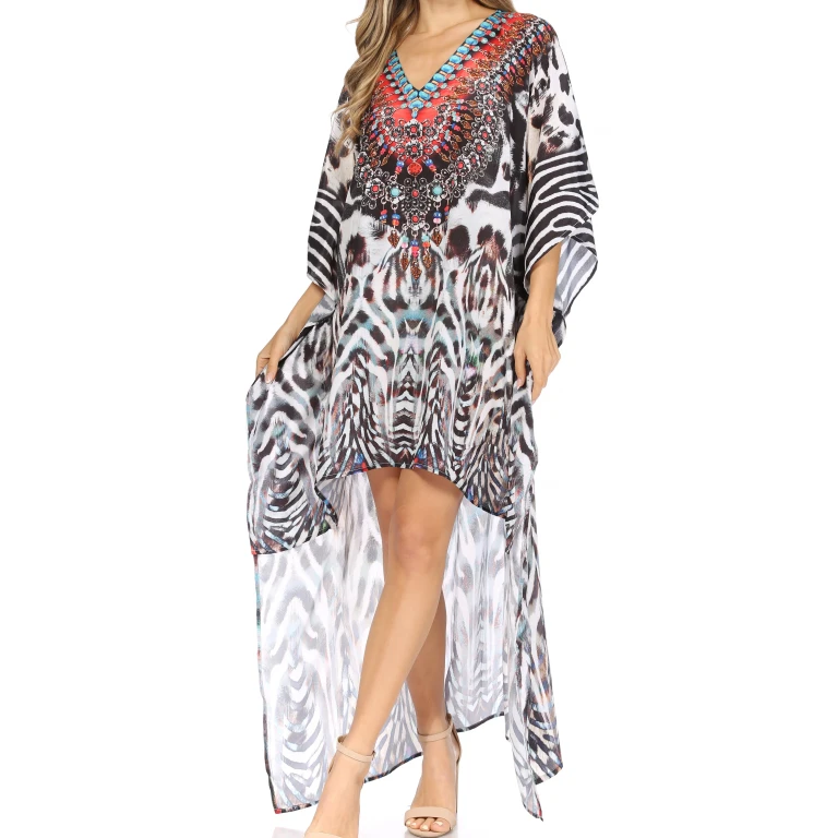 Sakkas Laisson Flowy Hi Low Caftan Rhinestone Boxy V Neck Dress Top Cover / Up