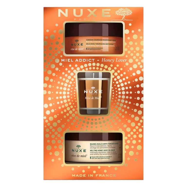 Christmas Box 2022 Nuxe: Reve de Miel Deliciously Vegan Calming Body Scrub 175 ml + Reve de Miel Honey Body Balm All Body 200 ml + Reve de Miel Scente