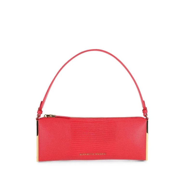 Bolso de hombro rojo con ribete dorado