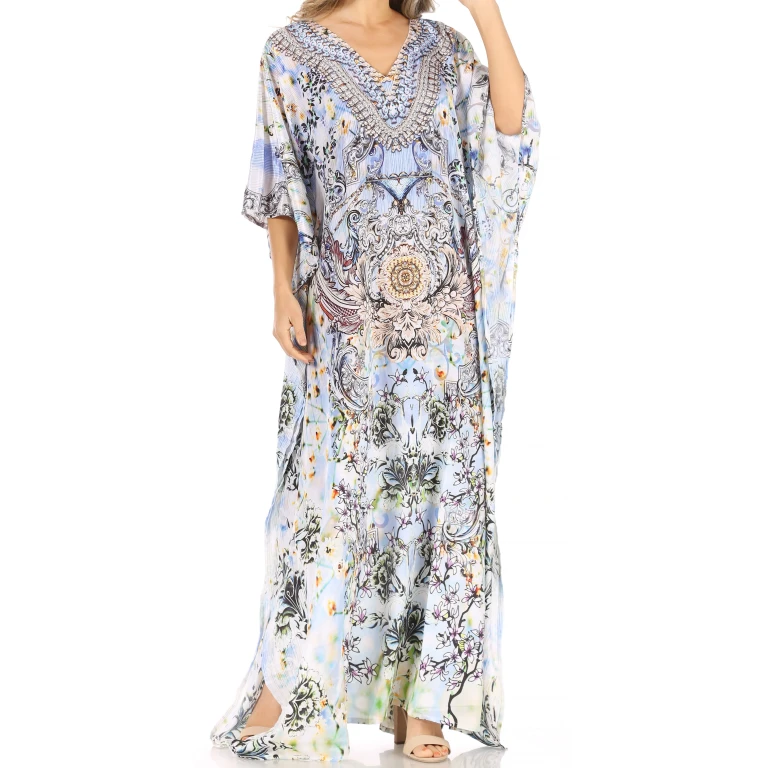 Sakkas Anahi Flowy Design V Neck Long Caftan Dress / Cover Up With Rhinestone
