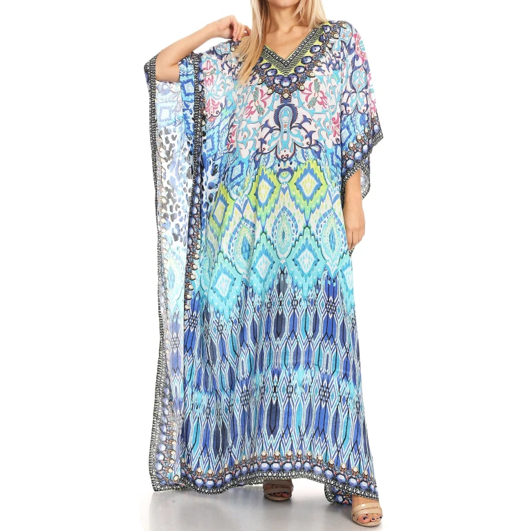 Sakkas Anahi Flowy Design V Neck Long Caftan Dress / Cover Up With Rhinestone