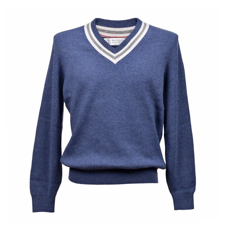 Blue V-Neck Ribbed Sweater