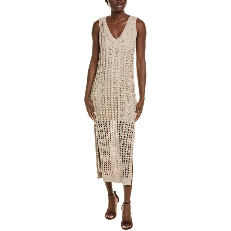 Beige Crochet Sleeveless Midi Dress