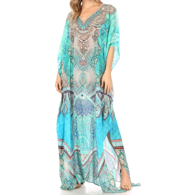 Sakkas Anahi Flowy Design V Neck Long Caftan Dress / Cover Up With Rhinestone