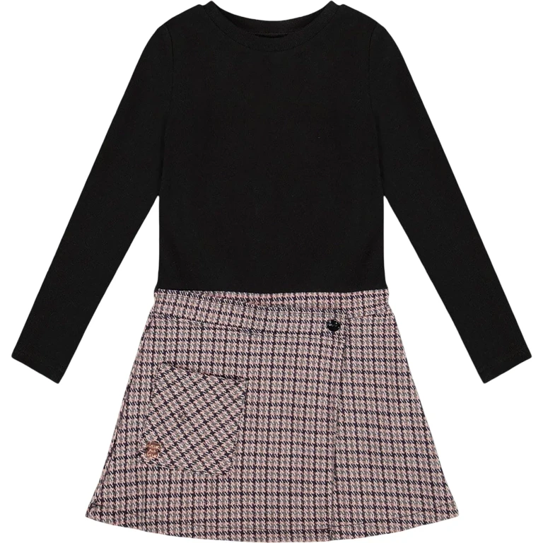 Black And Houndstooth Bi-Material Dress - Little Girl