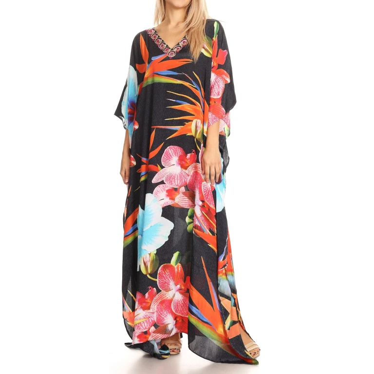 Sakkas Anahi Flowy Design V Neck Long Caftan Dress / Cover Up With Rhinestone
