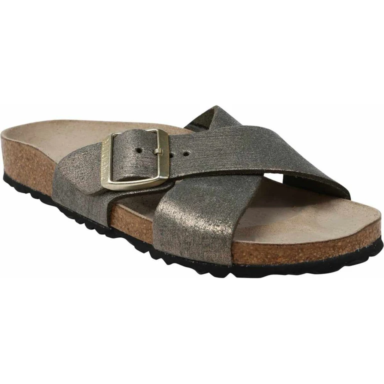 Women's Siena Big Buckle Suede Leather Washed Metallic Stone Gold Sandals