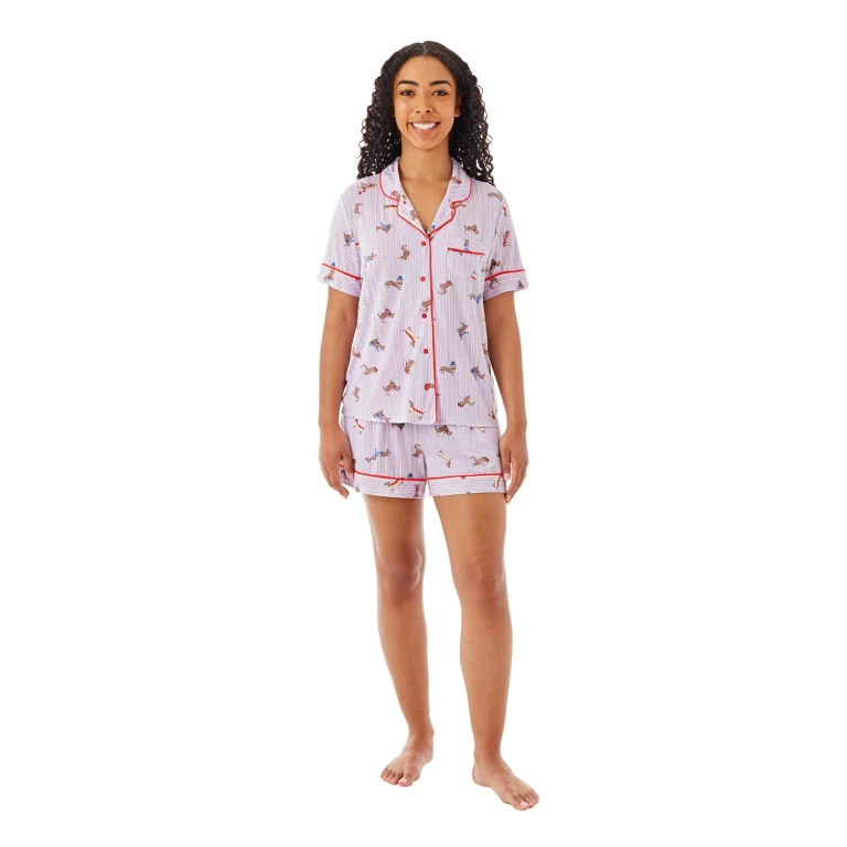 Women's 2-Piece Americana Notch Collar Short Sleeve and Short Pajama set:- Multi, XL