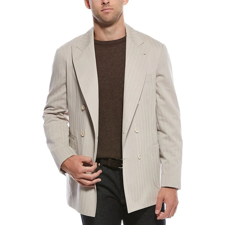 Beige Double-Breasted Striped Blazer