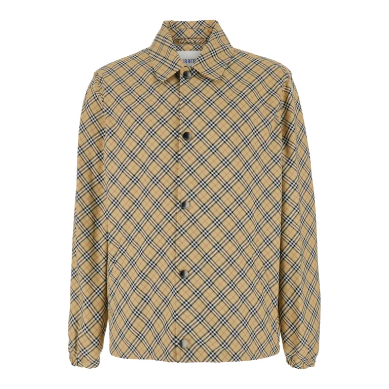 Beige Jacket With Classic Collar and Check Motif