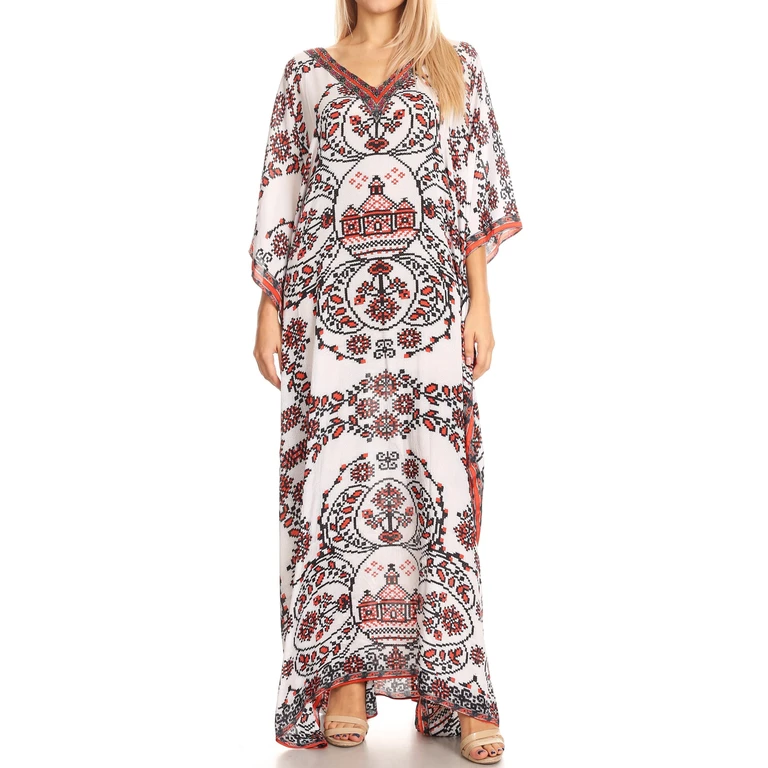 Sakkas Anahi Flowy Design V Neck Long Caftan Dress / Cover Up With Rhinestone