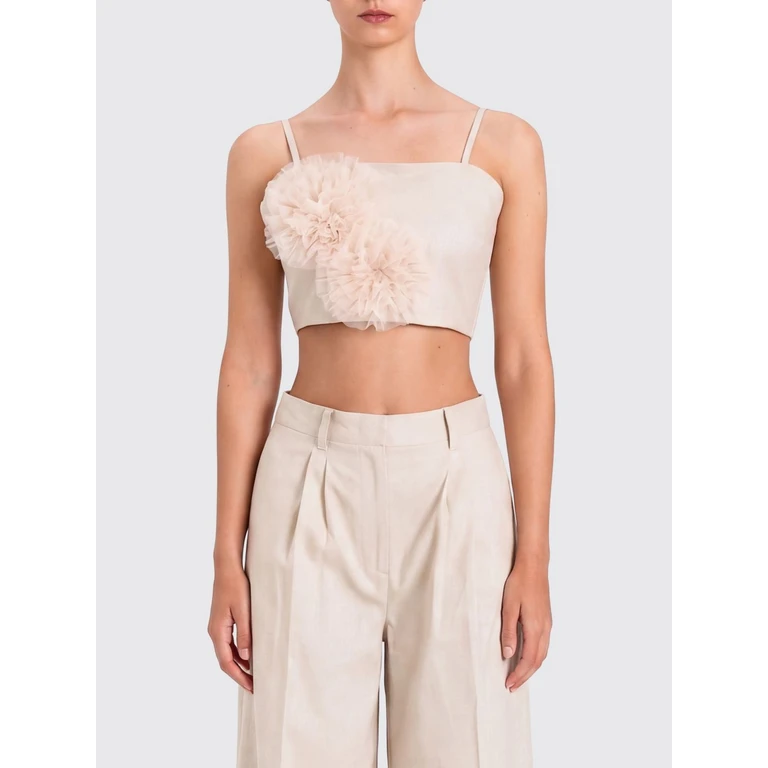 Cropped Bandeau Top in Linen and Cotton with Flower Appliqué (261AT207413460)