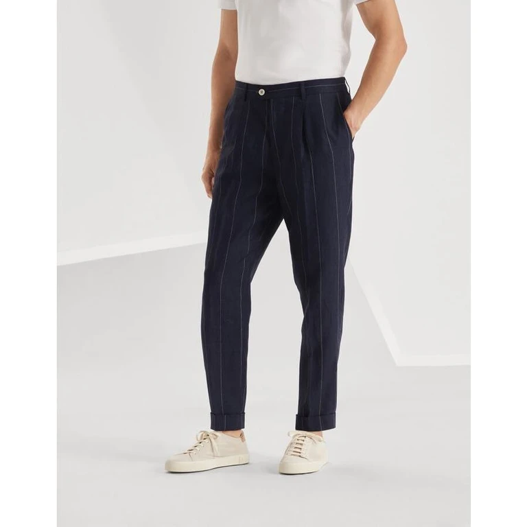 Navy Linen Tapered Trousers