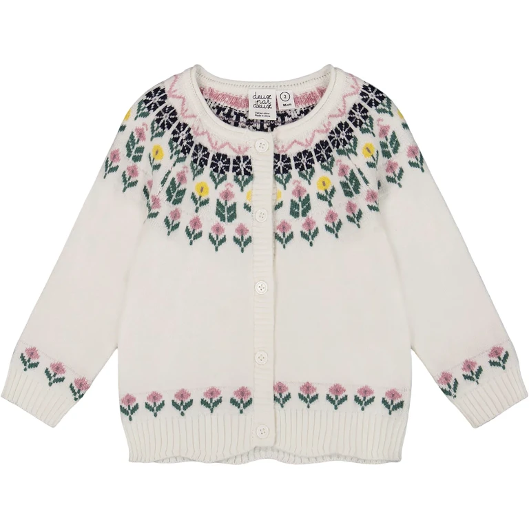 Jacquard Knit Cardigan with Floral Pattern - Little Girl