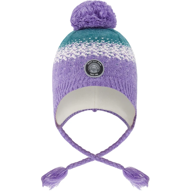 Lilac And Green Lined Peruvian Knit Hat with Pompom - Little Girl