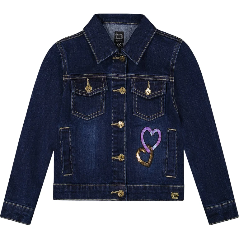 Stretch Denim Jacket with Glittery Hearts and Unicorn - Big Girl