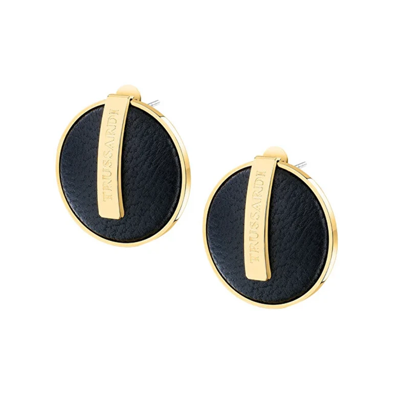 Unique Gold-Plated Earrings with Black Leather T-Round Tjayf01