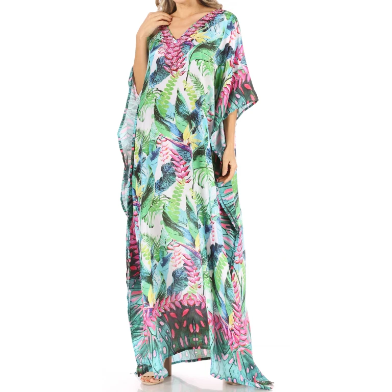 Sakkas Anahi Flowy Design V Neck Long Caftan Dress / Cover Up With Rhinestone