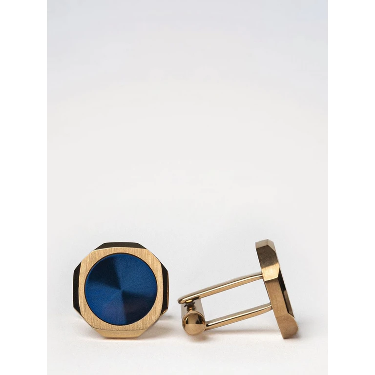 Two-Tone Steel Cufflinks with Rounded Shape and Engraved Logo (D1JWCLSU07BLUE&GOLDCUFFLINKS)