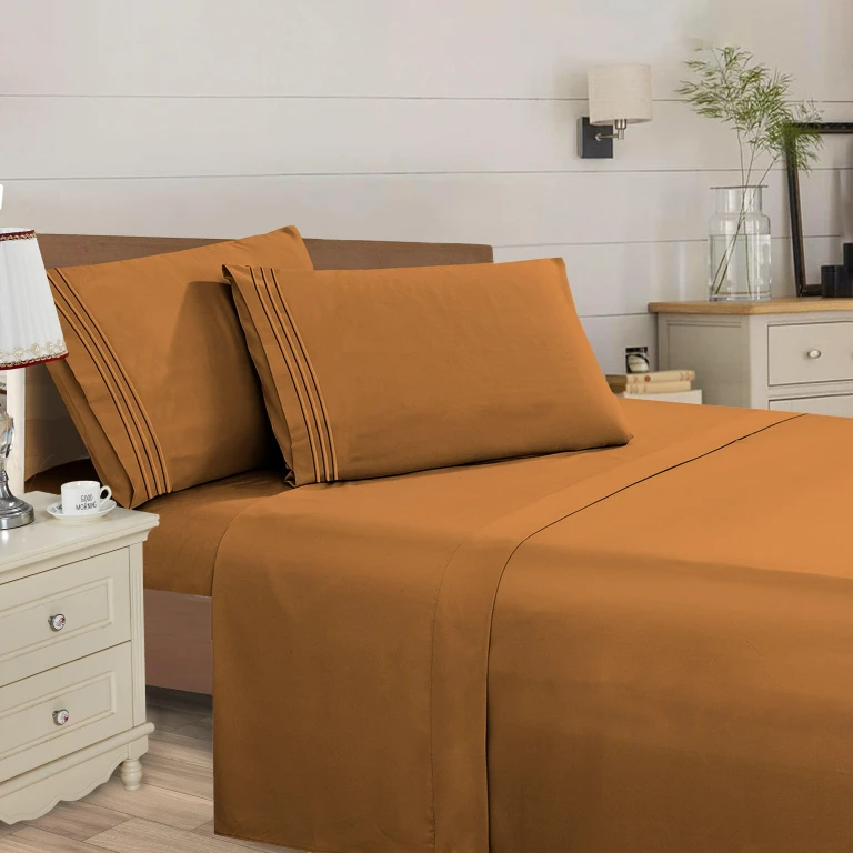Essential 4-Piece 3-Line Embroidery Sheet Set, Soft as a Hotel Premium Quality, Moody Shades