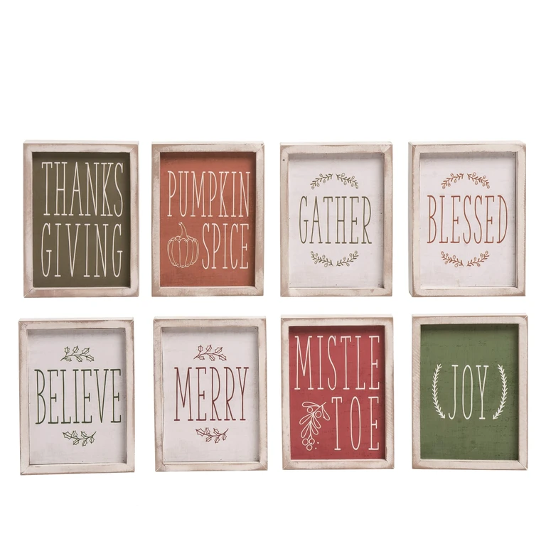 Christmas Holiday Reversible Wood Block Decor Set of 4 7x5x7 Inches Festive Tabletop Decorative Objects