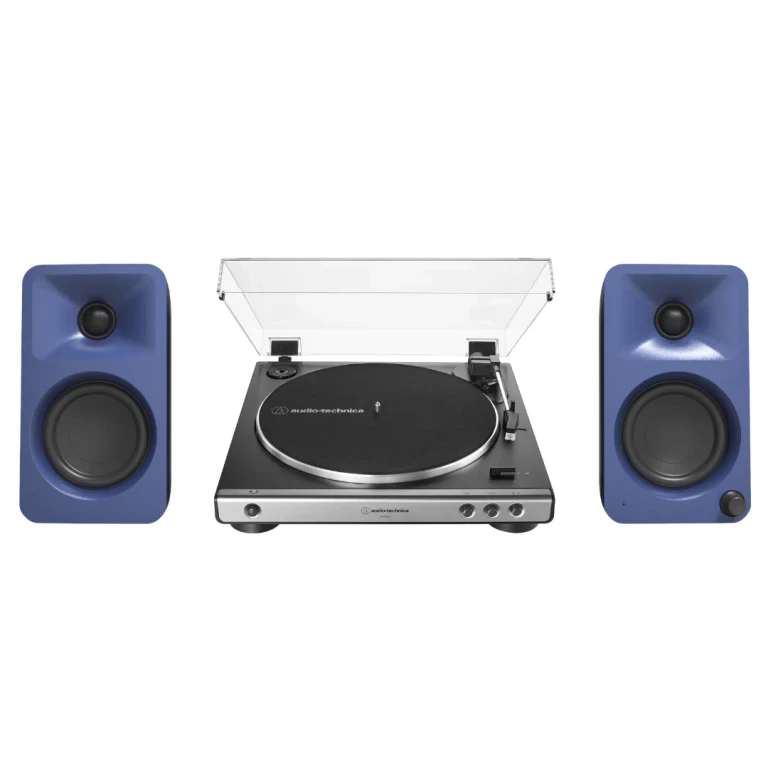 ORAME 100W Powered Reference Desktop Computer Speakers (Indigo) with Audio Technica 60X-GM Fully Automatic Belt-Drive Stereo Turntable (Bundle)