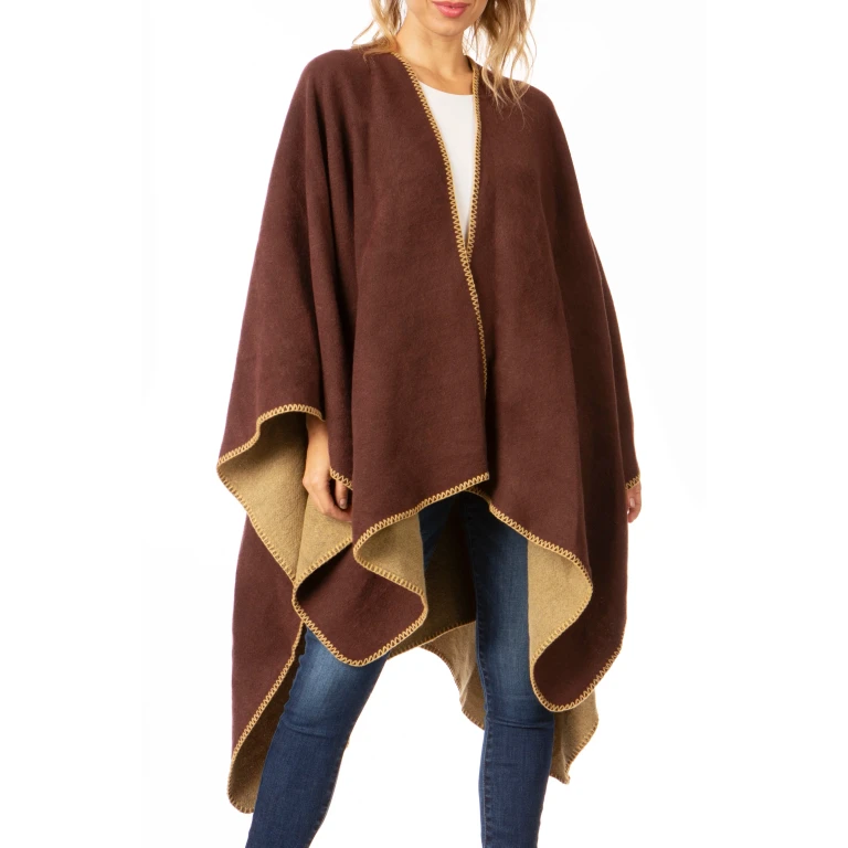 Sakkas Mari Women's Reversible Large Poncho Shawl Wrap Scarf Cape Ruana Blanket