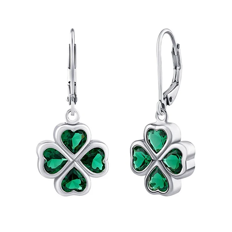Silver Clover-Shaped Drop Earrings with Brilliant Green Zirconia Jjj0085Eg
