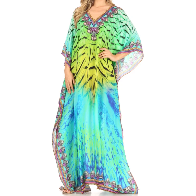 Sakkas Anahi Flowy Design V Neck Long Caftan Dress / Cover Up With Rhinestone