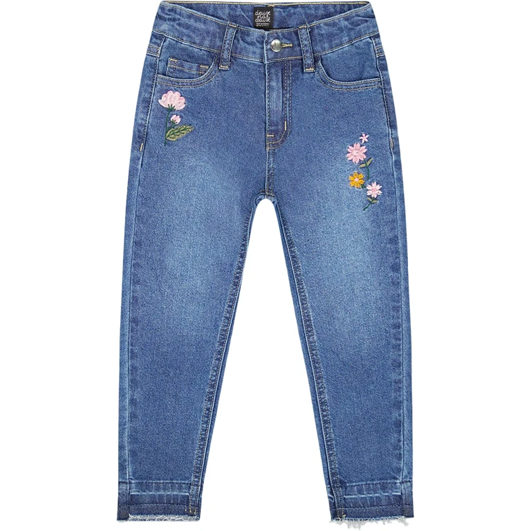 Jeans with Frayed Hems and Floral Embroideries - Big Girl