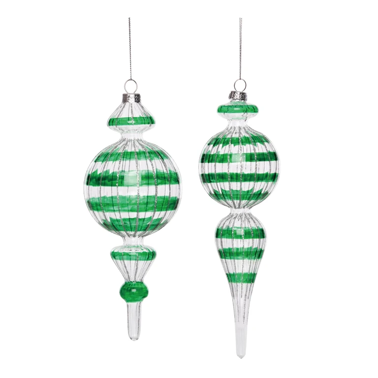 Large Green Striped Glass Ornament Set of 2 for Christmas Tree Home Decorations