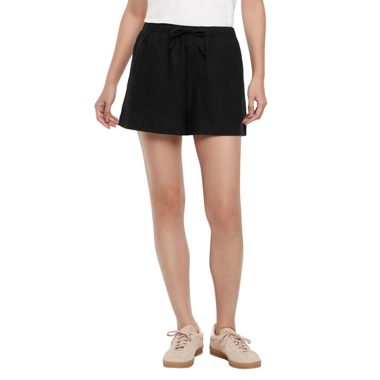 LINEN PULL ON SHORT - BLACK L:- Black, L