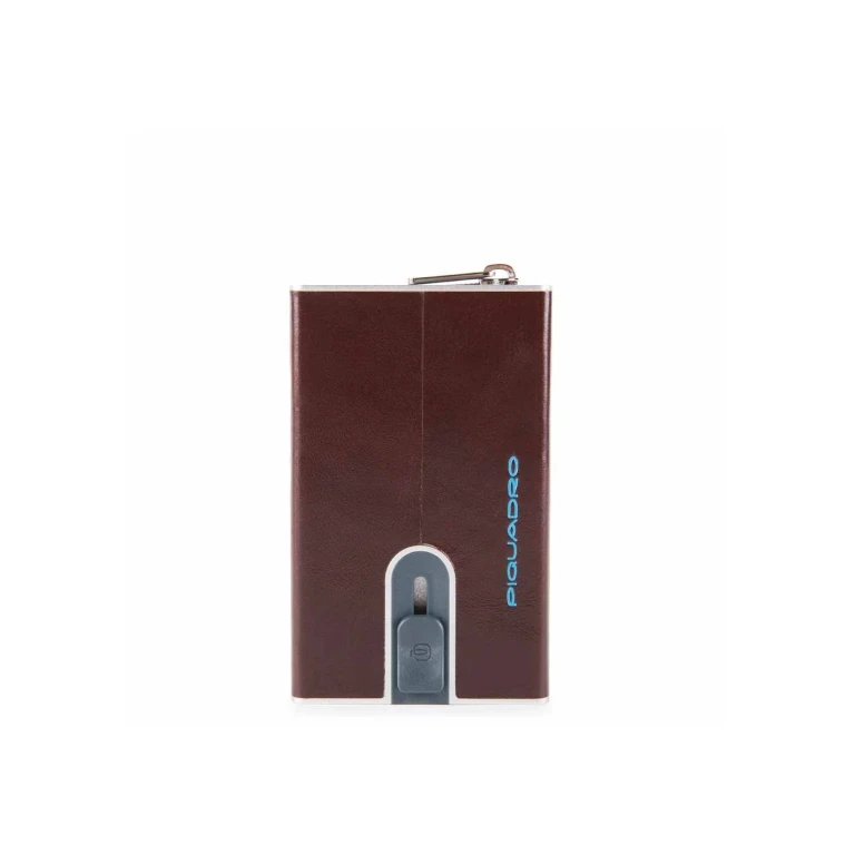Blue Square Mahogany Leather Card Holder with Sliding System and Zipper Coin Pocket for Men