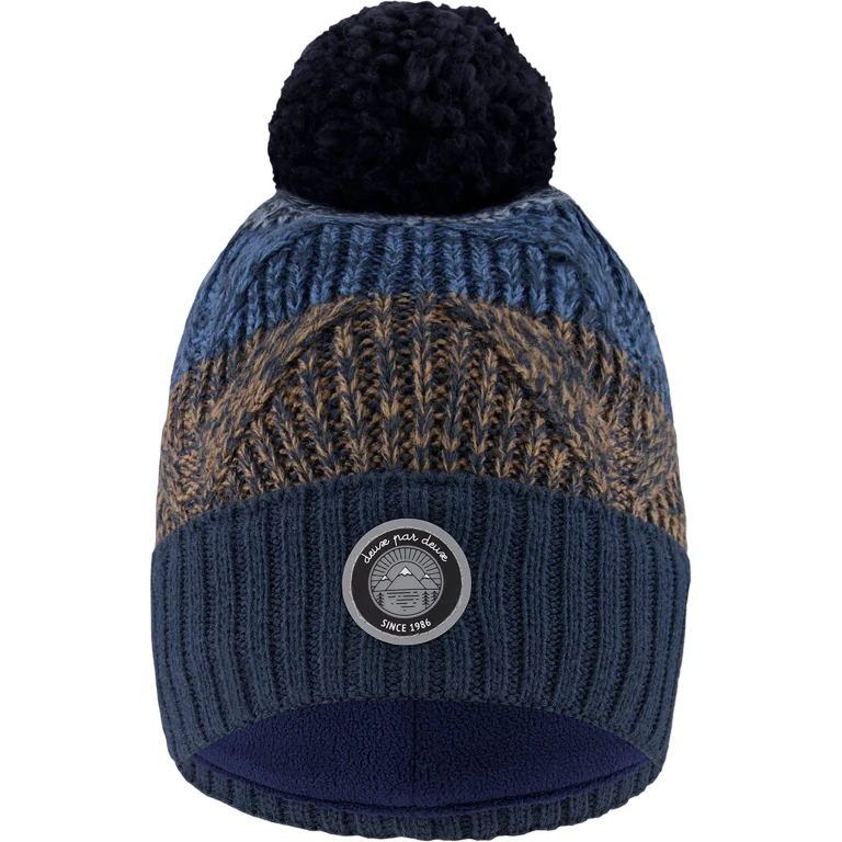 Taupe-Navy Lined Knit Pompom Hat - Little Boy