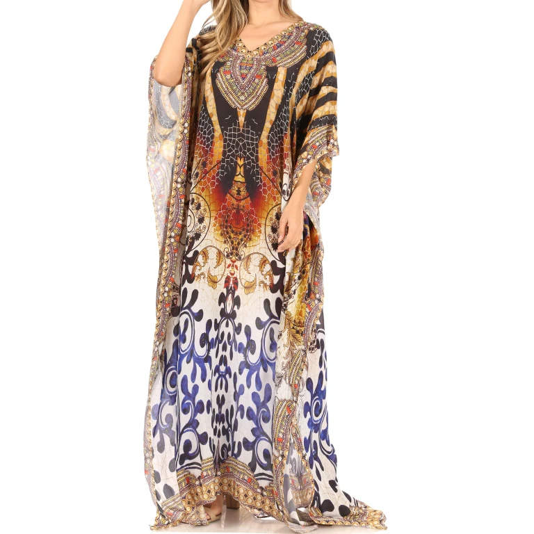 Sakkas Anahi Flowy Design V Neck Long Caftan Dress / Cover Up With Rhinestone