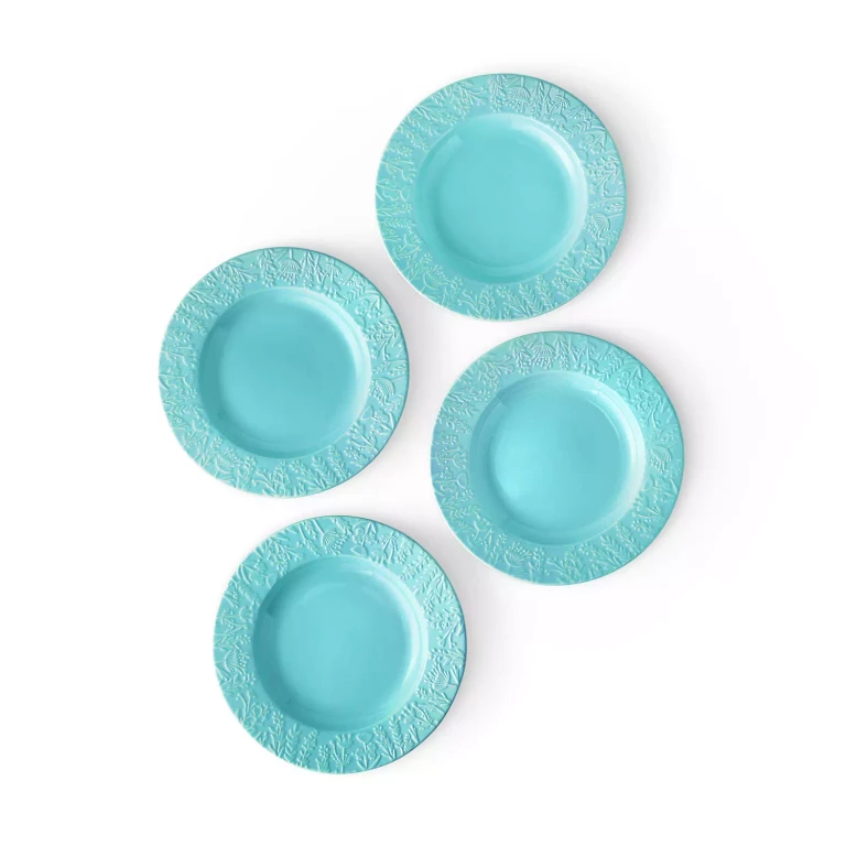 4-Piece Ceramic Floral Texture Salad Plates - Blue:- Blue