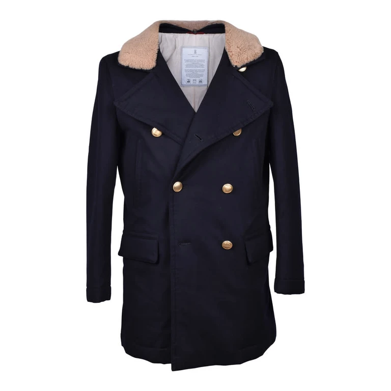 Navy Cashmere Pea Coat With Fur Collar