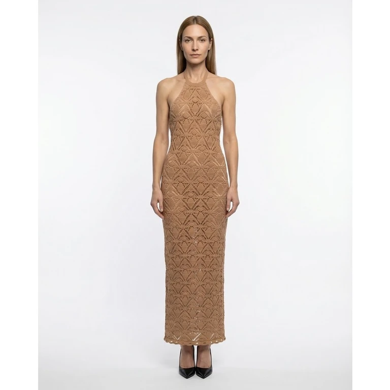 Women's Tan Wool Crochet Maxi Dress
