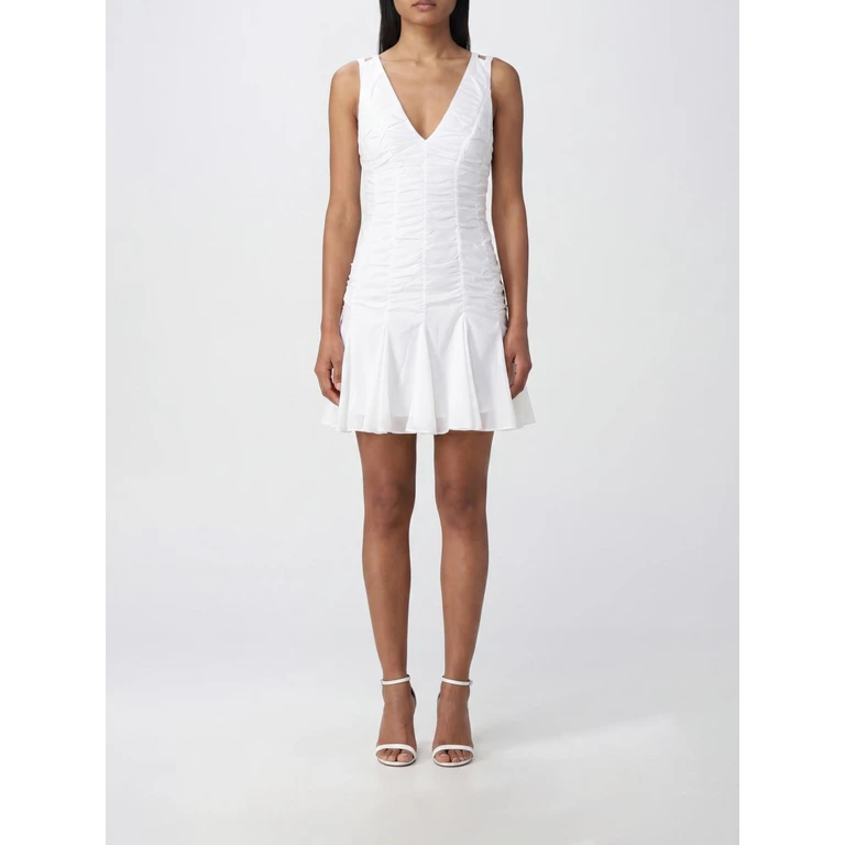 A-Line Ruched Cotton Mini Dress with V-Neck and Off-Shoulder Design (GBSS26505CBIANCO)