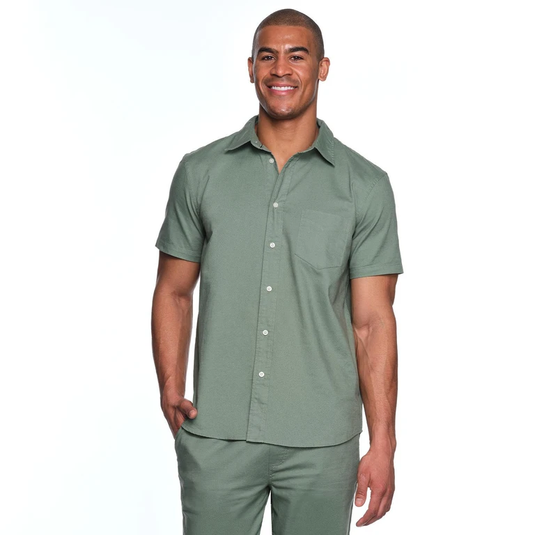 Linen Button Up - Green L:- Green, L