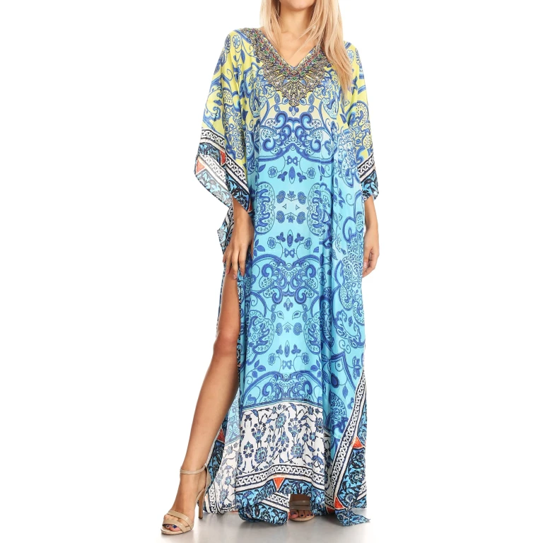 Sakkas Anahi Flowy Design V Neck Long Caftan Dress / Cover Up With Rhinestone