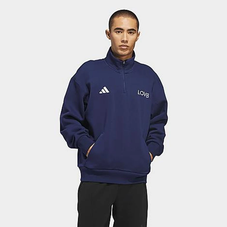 adidas Men's LOVB Graphic Fleece Quarter-Zip Sweatshirt in Team Navy Blue Size: Medium