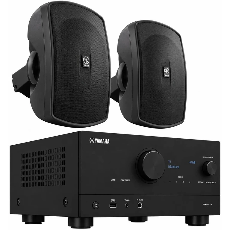 RX-V4A 5.2-Channel AV Receiver with MusicCast with Yamaha NS-AW390BL Outdoor Speakers (Bundle)