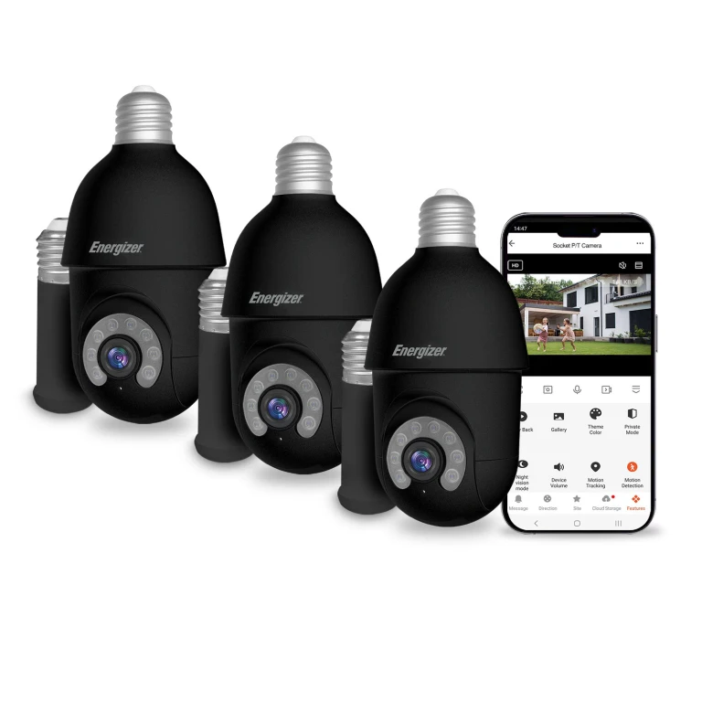 2K Light Bulb Socket Security Camera With Socket Extension - Black:- Black