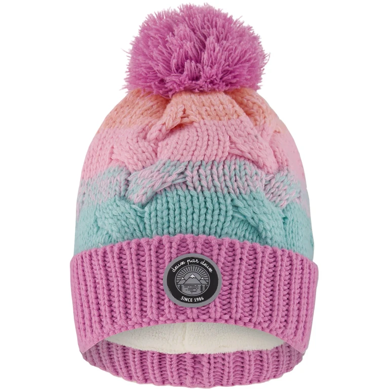 Pink-Orange-Turquoise Lined Knit Pompom Hat - Little Girl