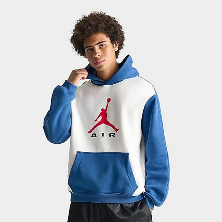 Men's Brooklyn Jumpman Air Fleece Colorblocked Pullover Hoodie in Sail/True Blue/University Red Size: Small