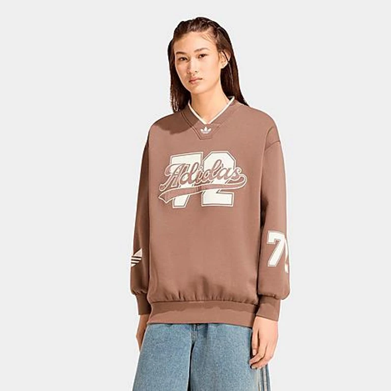 adidas Women's Originals V-Neck Baseball Crew Sweatshirt in Earth Strata Size: XS